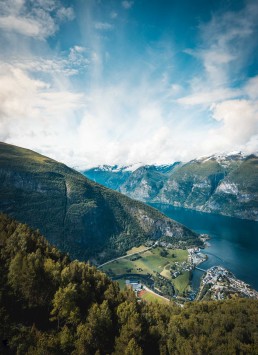 Town hiding in the mountains in Norway